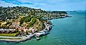 Aerial Tiburon coast with wide view of city and houses around Lyford Cove