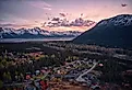 Aerial view of the resort town of Girdwood, Alaska at sunset