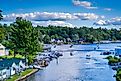 View of boats in Paugus Bay in Laconia, New Hampshire.
