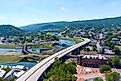 Aerial view of Cumberland, Maryland, an end point along the Mountain to Mountain Scenic Byway. 