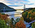 Bear Mountain bridge and Hudson river at sunrise