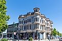  View of the historic Victorian architecture Hastings Building built in 1890 for Lucinda and Loren Brown Hastings with unique features in Port Townsend, Washington