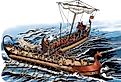 Illustration of Ancient Rome with Roman ship crow ramming Carthaginian ship.
