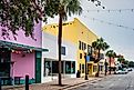 Colorful businesses in downtown Brunswick Georgia USA