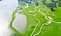 Aerial golf course at country club near Colorado River, Austin, Texas, USA.