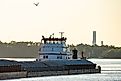 Barge traffic on the Mississippi River at the Melvin Price Locks and Dam Facility near Alton, Illinois