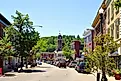 Main Street in village of Saranac Lake in Adirondack Mountains, New York, USA.