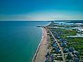 Aerial view of the sandy beach in Charlestown, Rhode Island.