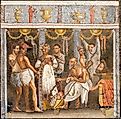 Mosaic depicting a theatrical troupe preparing for a performance