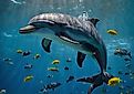 Dolphin swimming underwater near colorful fish.