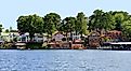 A row of colorful lake houses on Lake Hamilton in Hot Springs, Arkansas.