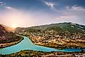 Beautiful panoramic view of the Kura river from the medieval Ananuri fortress.