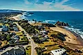 Coastal homes and beach in Bandon, Oregon.