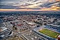 Aerial view of a large university at dusk in Brookings, South Dakota