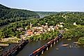 A train rolls across the Shenandoah River in Harpers Ferry, West Virginia.