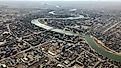 Aerial view of the Ural River at Atyrau, Kazakhstan.