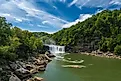 Cumberland Falls with a blue sky with clouds in Corbin, Kentucky.