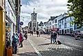Historic Moot Hall and surrounding shops in Main Street Keswick, Cumbria