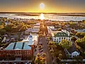 Fernandina Beach, Florida, USA historic downtown cityscape at dusk.