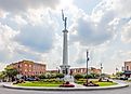 The Steuben County Soldiers Monument in downtown Angola, Indiana. Image credit: Roberto Galan / Shutterstock.com.