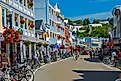 Crowded street view of Mackinaw Island, Michigan.