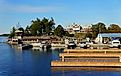 Alexandria Bay, New York, U.S.A - October 24, 2019 - The view of boats by the dock and harbor on St Lawrence River