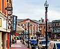 Cambridge, Massachusetts: Looking up Brattle Street to its intersection with Massachusetts Avenue and JFK Street, via APCortizasJr / iStock.com