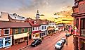 Annapolis, Maryland, USA, historic downtown view over Main Street with the country's oldest State House at dawn.