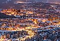 Breckenridge, Colorado, USA town skyline in winter at dusk.