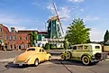 Classic cars with a Dutch Mill in Lynden, Washington.