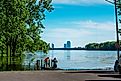 People fishing in the Grand River in Grand Rapid. Editorial credit: Michael Deemer / Shutterstock.com.