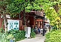 Landrum, South Carolina, USA-7 September 2025: Side view of The Hare and Hound restaurant, showing sign, covered outside dining with customers at tables, greenery. via J. Michael Jones on iStock.com