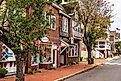 Downtown Manteo, North Carolina, showing the brick sidewalks and Poor Richard's Sandwich Shop.