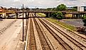 Railroad infrastructure extends through the historic rail corridor in Birmingham, Alabama.