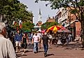 People on Church Street, a pedestrian mall with sidewalk cafes and restaurants in Burlington, Vermont, via Rob Crandall / Shutterstock.com