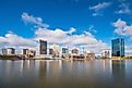 View of downtown Toledo skyline in Ohio, seen across Maumee River.