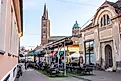 A vibrant pedestrian street in Dakovo, Croatia. 