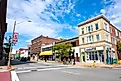 Historic commercial buildings on Main Street in downtown Fitchburg, Massachusetts.
