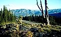 View of mountains and the road from Clarks Fork Overlook along Beartooth Scenic Highway.