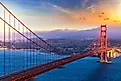 Panoramic view of Golden Gate Bridge at sunset in San Francisco, California