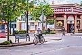 Winslow Arizona, USA. Cyclist traveling along route 66
