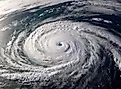 Aerial View of Tropical Superstorm, A Hurricane Eye Forming Over Ocean. 