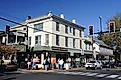 People outside Dunkin' Donuts on Main Street in the village of New Hope, Pennsylvania