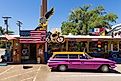 Seligman, Arizona: Old, antique car parked on the legendary Route 66