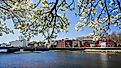 View from Westport bridge over Saugatuck river and architecture near downtown in beautiful spring day