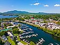 Aerial view Magog, Quebec at the mouth of Magog River to Lake Memphremagog