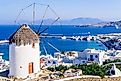 View of Mykonos and the famous windmill from above, Mykonos island, Cyclades, Greece.