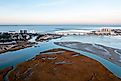 Aerial view of the Lynnhaven Inlet and the Chesapeake Bay in Virginia Beach.