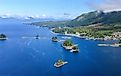 Aerial views of small islands at Misty Fjords National Monument. Alaska along the Alaska Marine Highway.