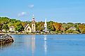 The churces along the coastline in Mahone Bay, Nova Scotia.